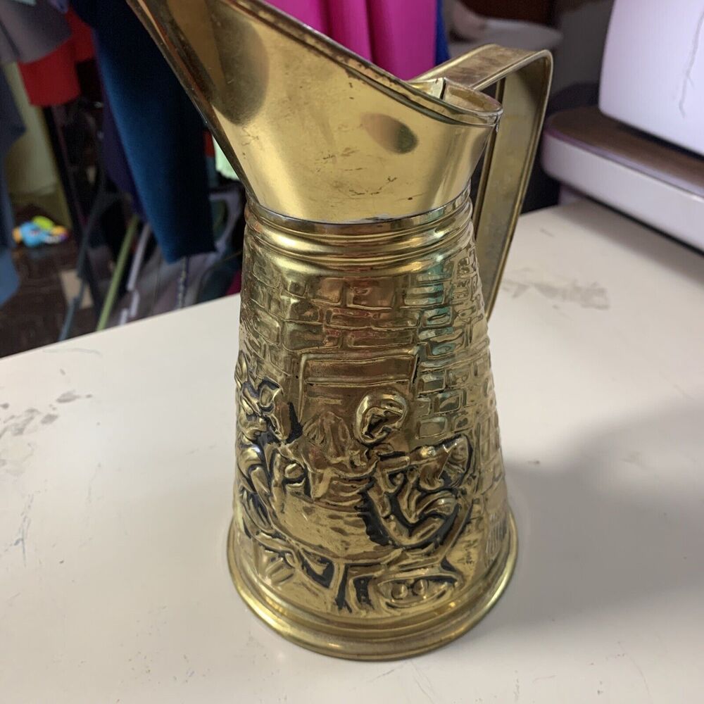 Pitcher Antique Brass Pitcher Made in England Etched Design Vintage English Pub